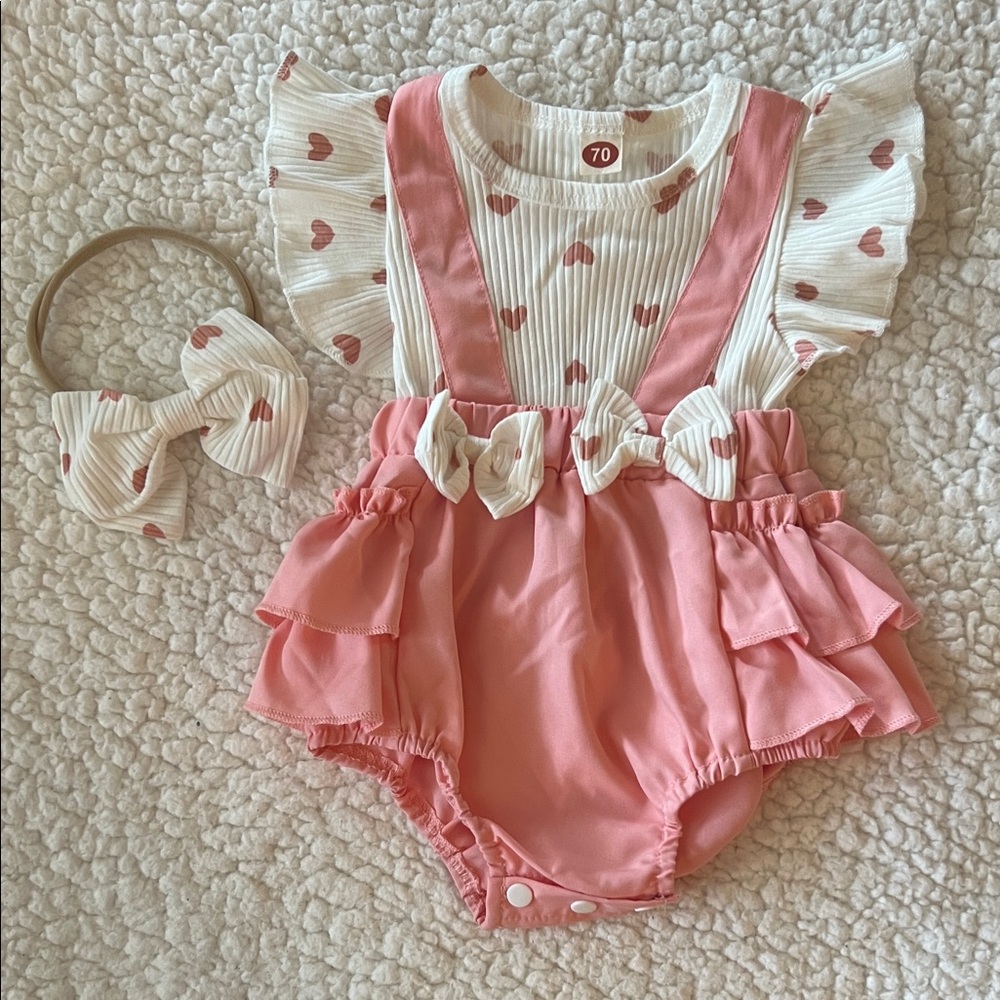 Pink Heart Baby Romper with Headband